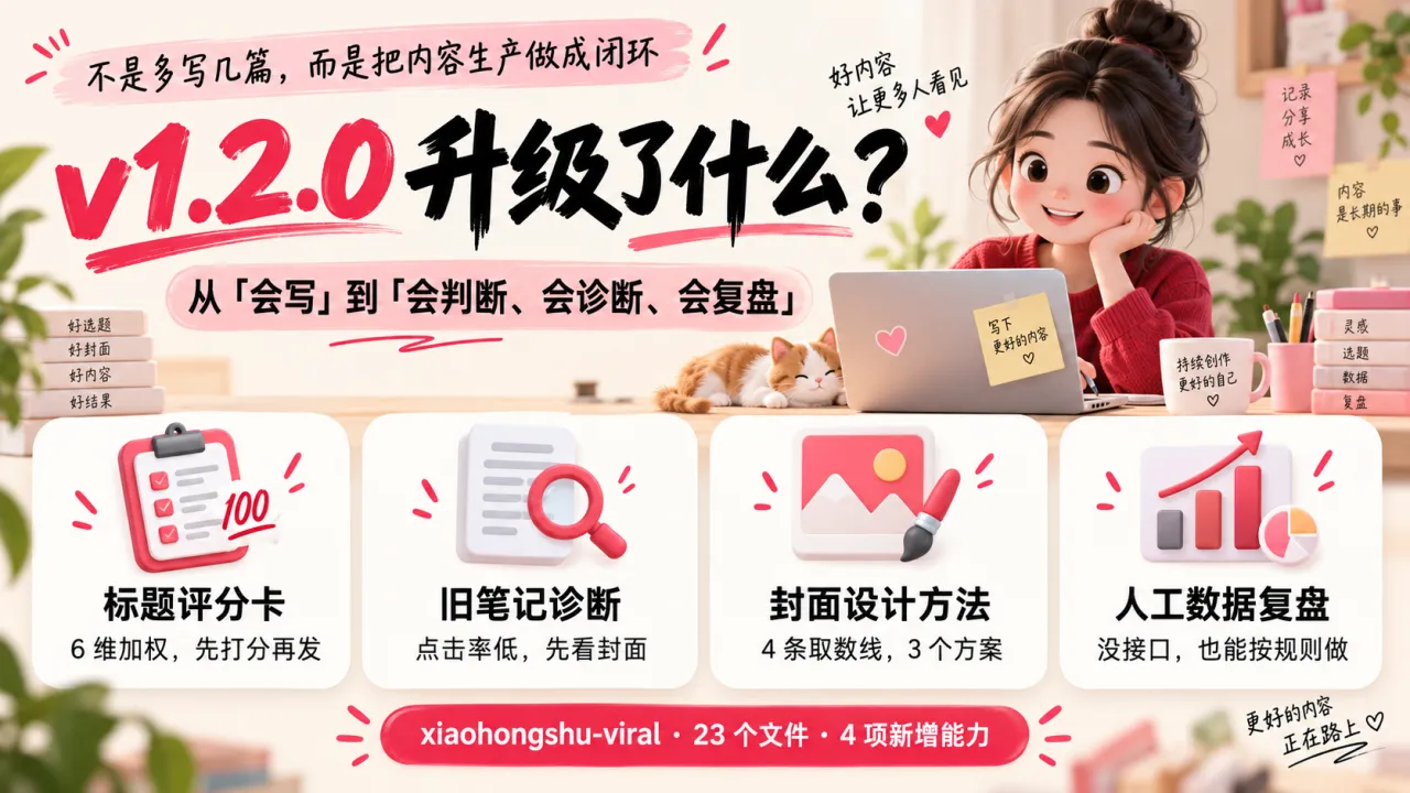 小红书爆文 Skill v1.2.0 升级总览：标题评分、旧笔记诊断、封面设计和人工复盘