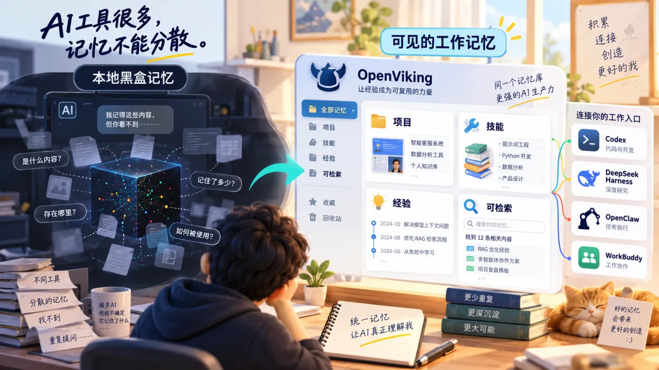 本地黑盒到可见记忆：OpenViking 多工具协作示意