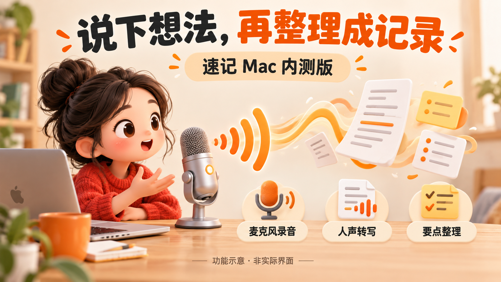 速记Mac内测版功能与使用条件示意，非实际界面