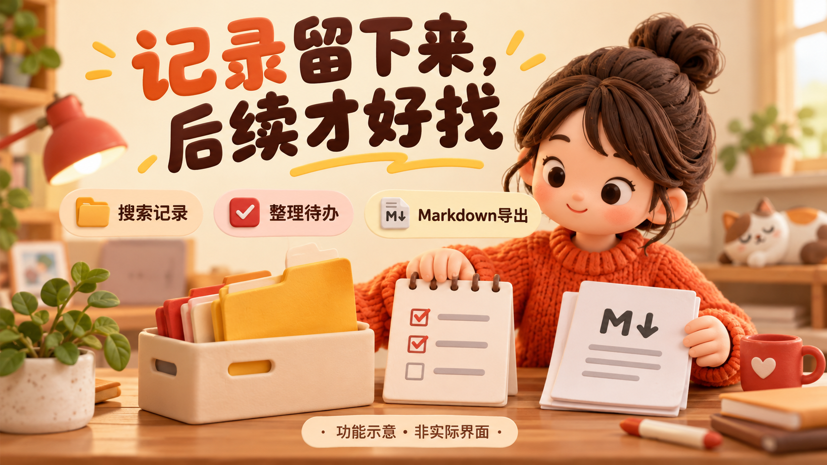 搜索记录、整理待办与Markdown导出的功能示意